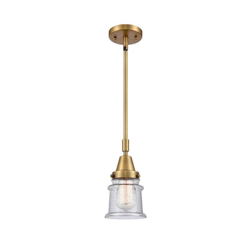 Canton Mini Pendant shown in the Brushed Brass finish with a Seedy shade