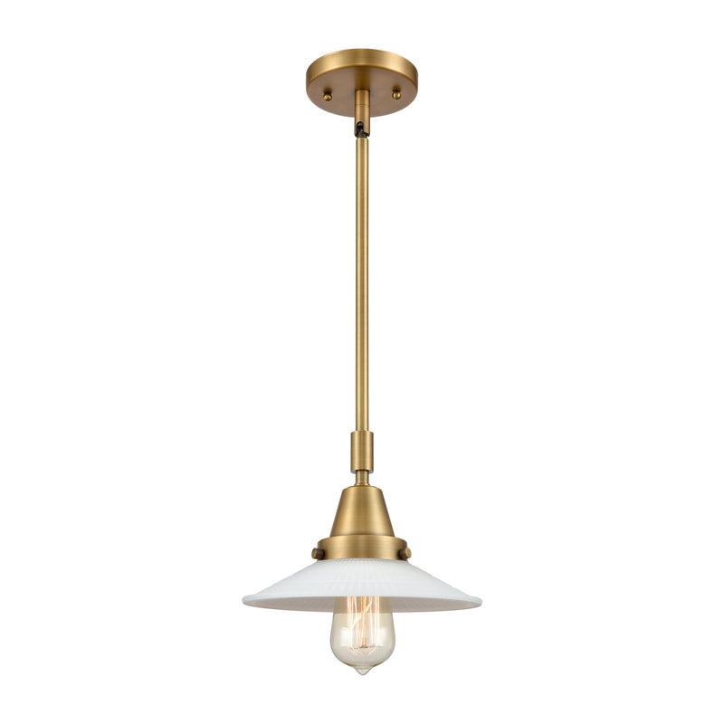 Halophane Mini Pendant shown in the Brushed Brass finish with a Matte White Halophane shade