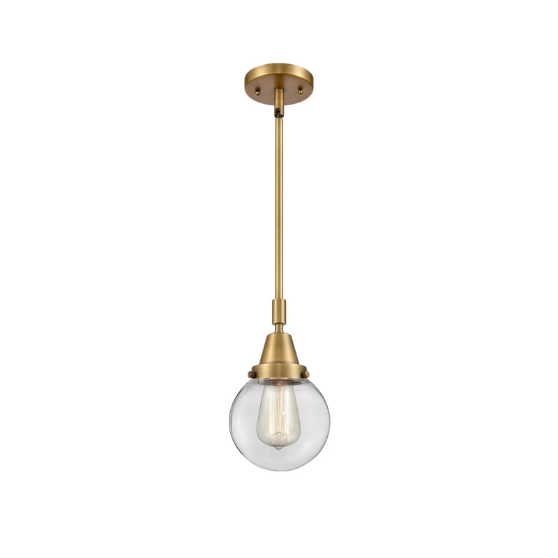 Beacon Mini Pendant shown in the Brushed Brass finish with a Clear shade