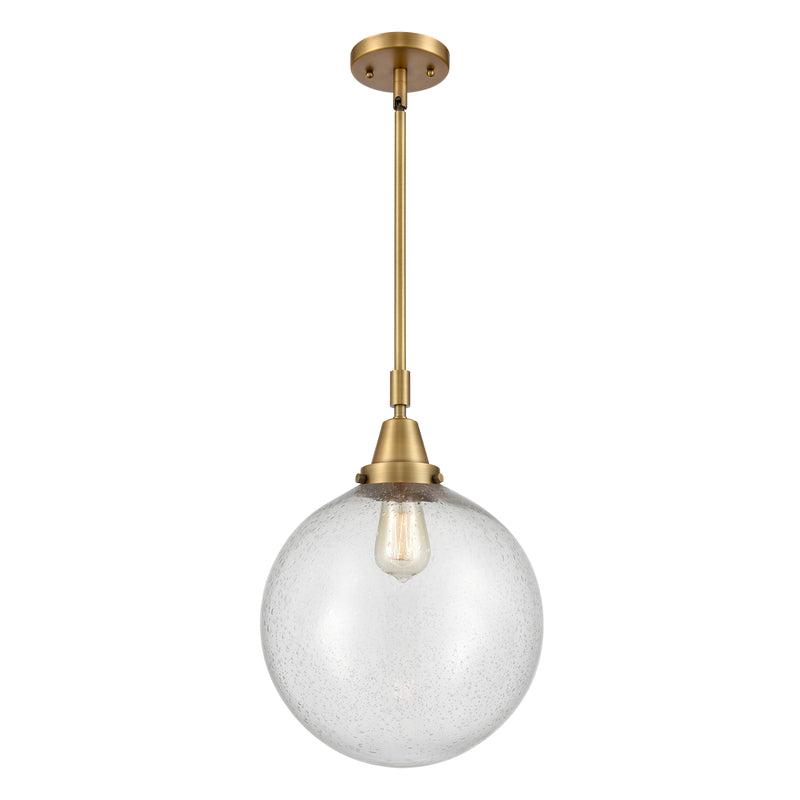 Beacon Mini Pendant shown in the Brushed Brass finish with a Seedy shade