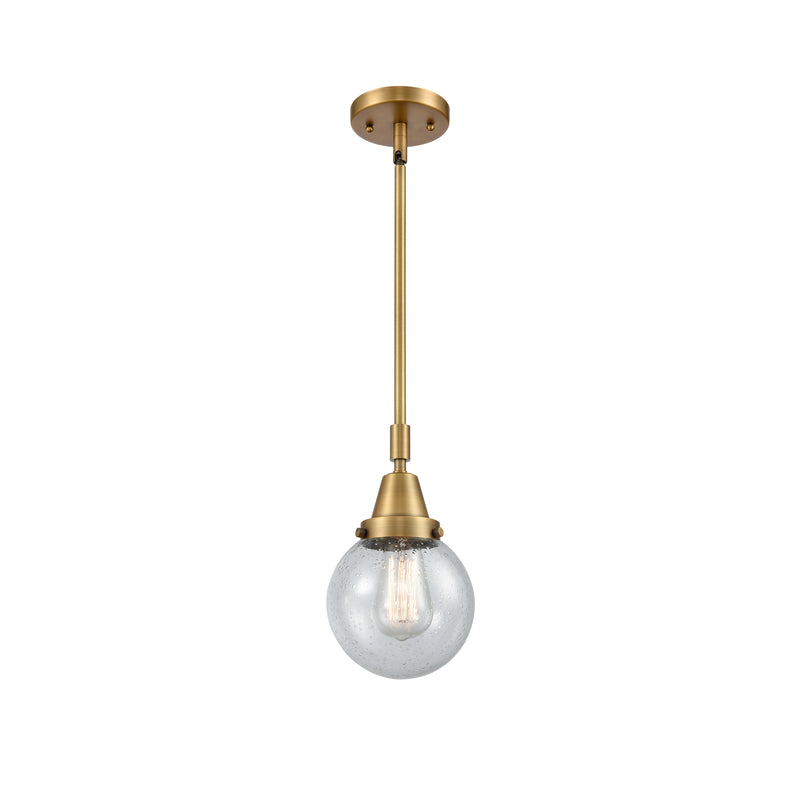 Beacon Mini Pendant shown in the Brushed Brass finish with a Seedy shade