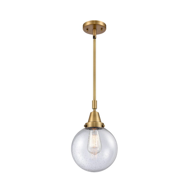 Beacon Mini Pendant shown in the Brushed Brass finish with a Seedy shade