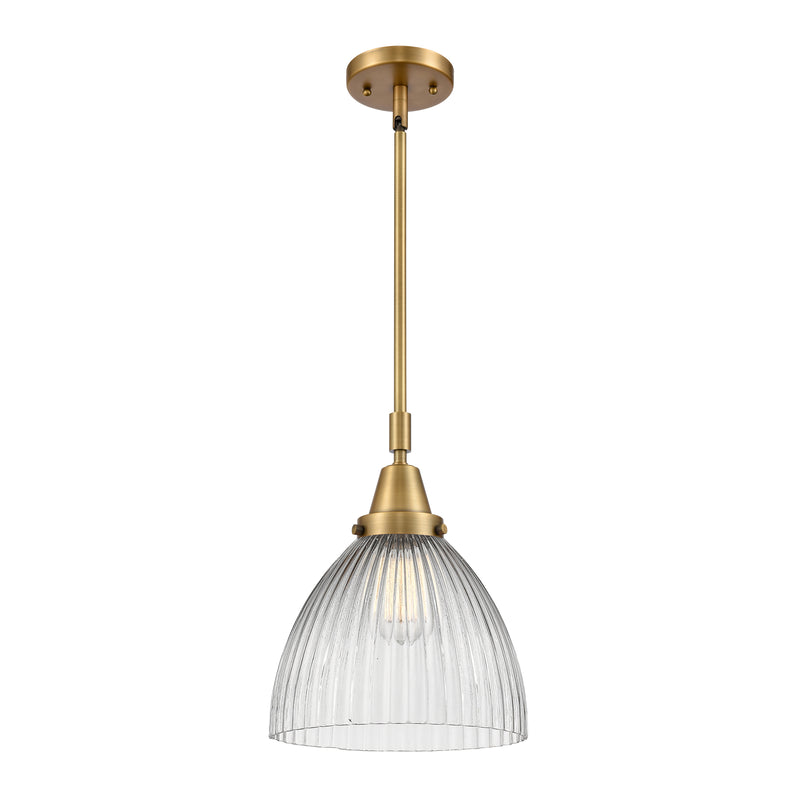 Seneca Falls Mini Pendant shown in the Brushed Brass finish with a Clear Halophane shade