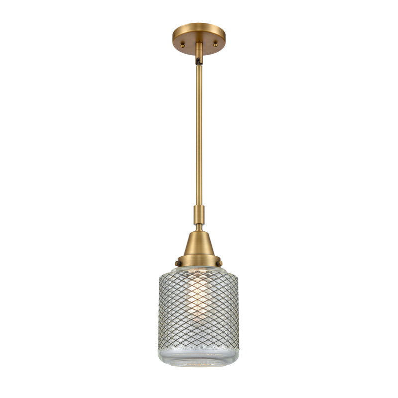 Stanton Mini Pendant shown in the Brushed Brass finish with a Clear Wire Mesh shade