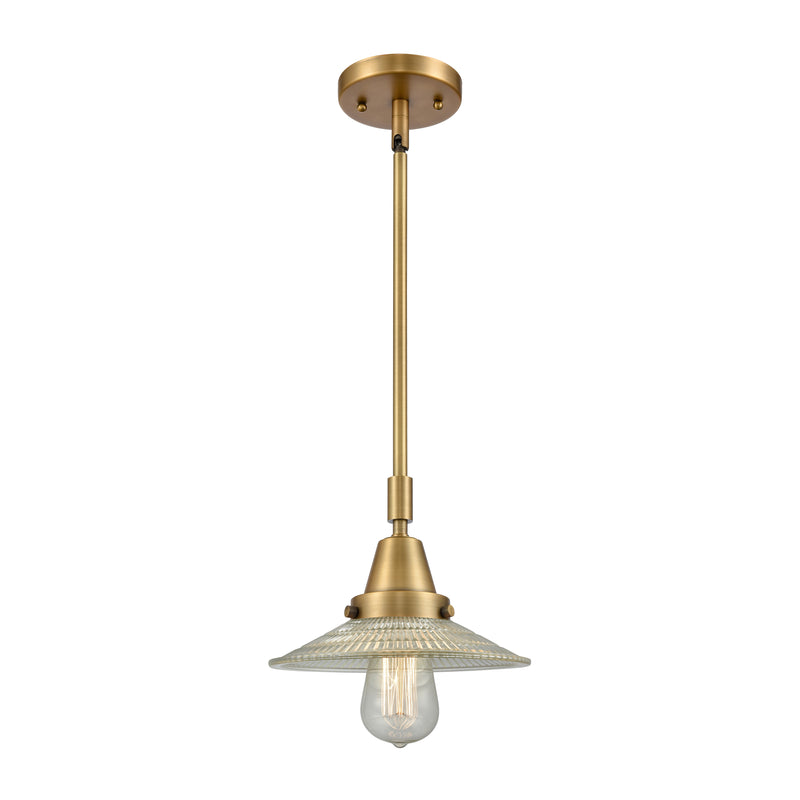 Halophane Mini Pendant shown in the Brushed Brass finish with a Clear Halophane shade