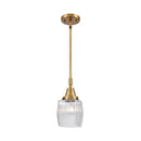 Colton Mini Pendant shown in the Brushed Brass finish with a Clear Halophane shade