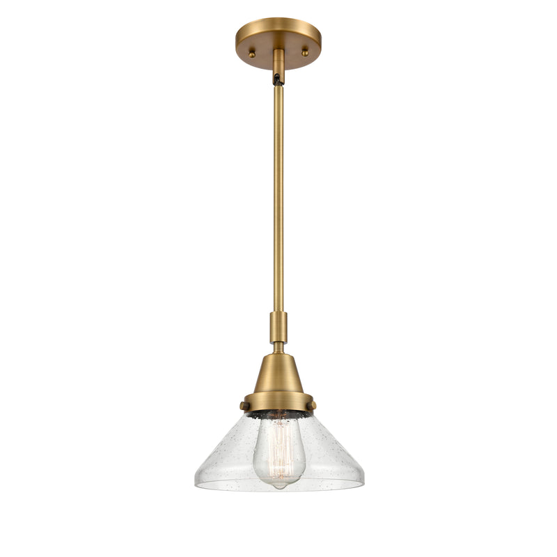 Caden Mini Pendant shown in the Brushed Brass finish with a Seedy shade