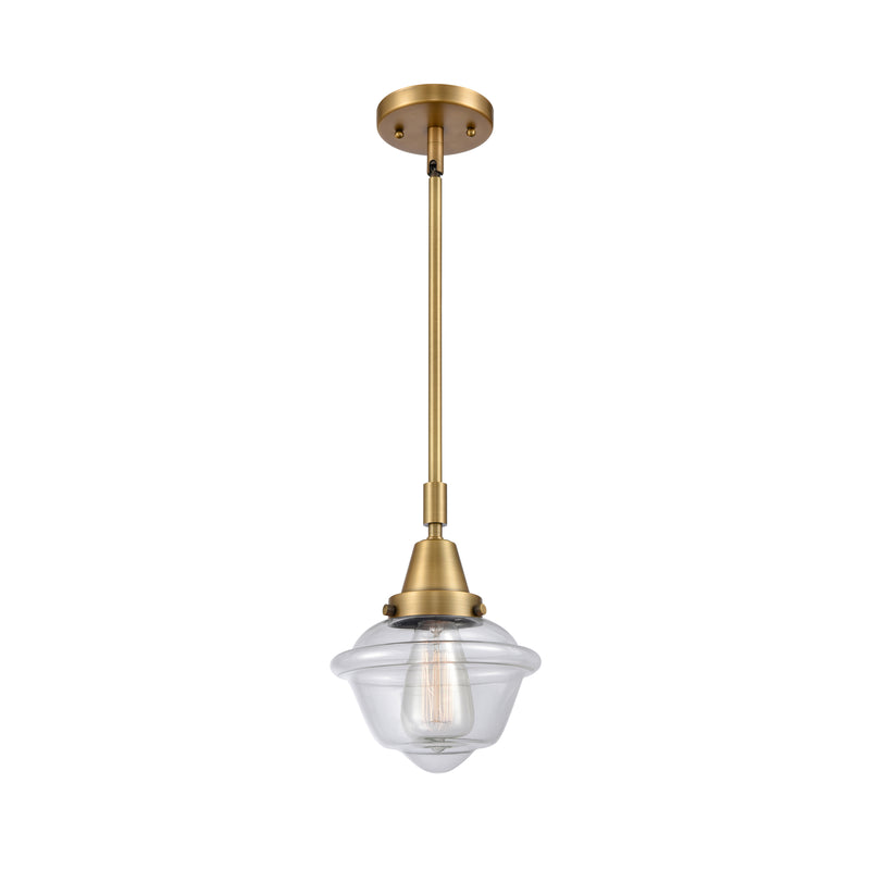 Oxford Mini Pendant shown in the Brushed Brass finish with a Clear shade