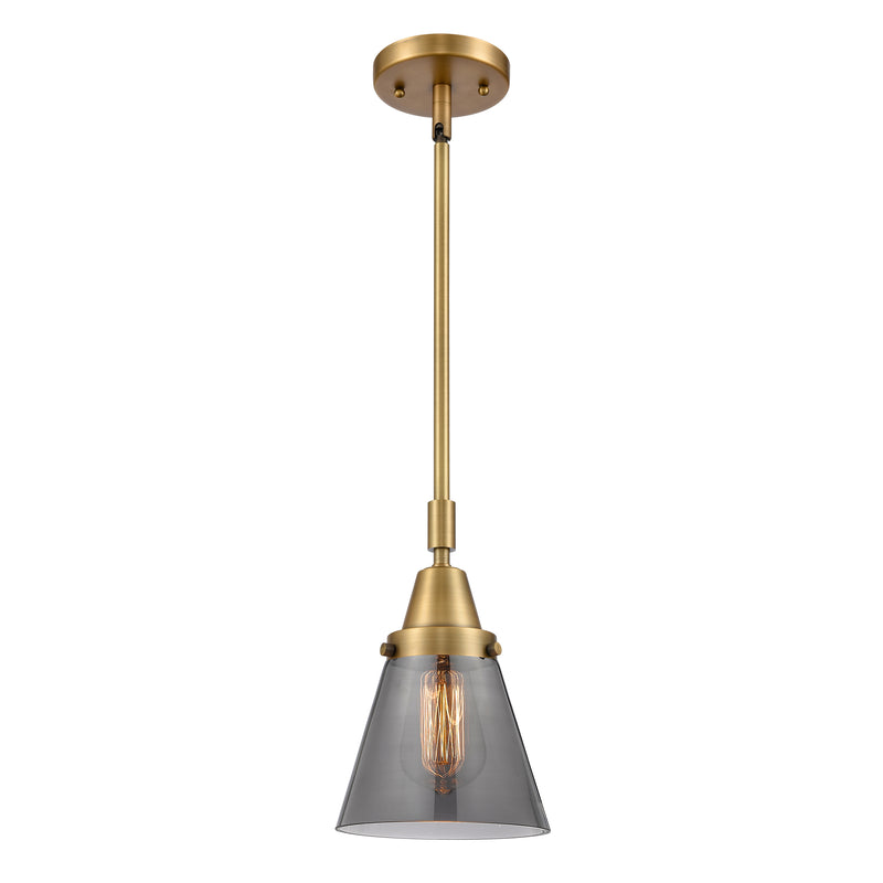 Cone Mini Pendant shown in the Brushed Brass finish with a Plated Smoke shade