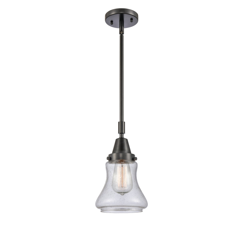 Bellmont Mini Pendant shown in the Matte Black finish with a Seedy shade