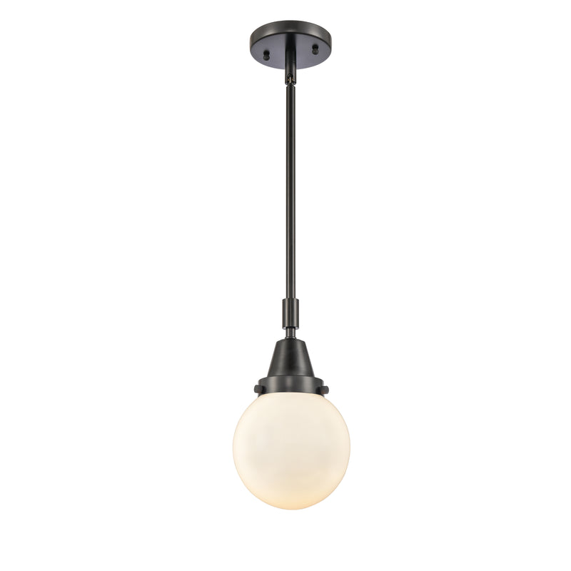 Beacon Mini Pendant shown in the Matte Black finish with a Matte White shade