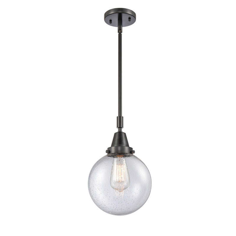 Beacon Mini Pendant shown in the Matte Black finish with a Seedy shade