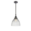 Seneca Falls Mini Pendant shown in the Matte Black finish with a Clear Halophane shade