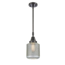 Stanton Mini Pendant shown in the Matte Black finish with a Clear Wire Mesh shade