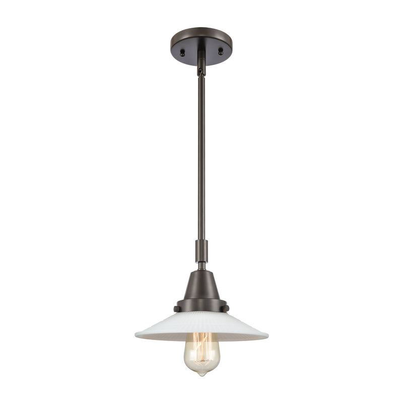 Halophane Mini Pendant shown in the Oil Rubbed Bronze finish with a Matte White Halophane shade