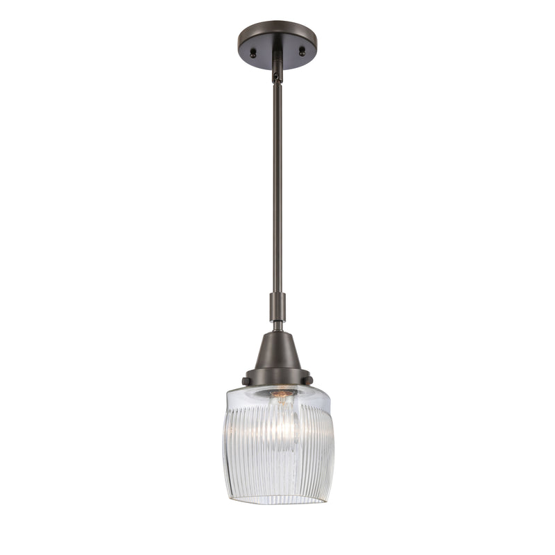 Colton Mini Pendant shown in the Oil Rubbed Bronze finish with a Clear Halophane shade