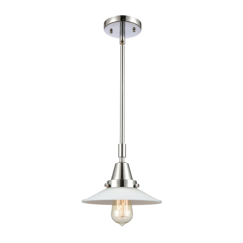 Halophane Mini Pendant shown in the Polished Chrome finish with a Matte White Halophane shade