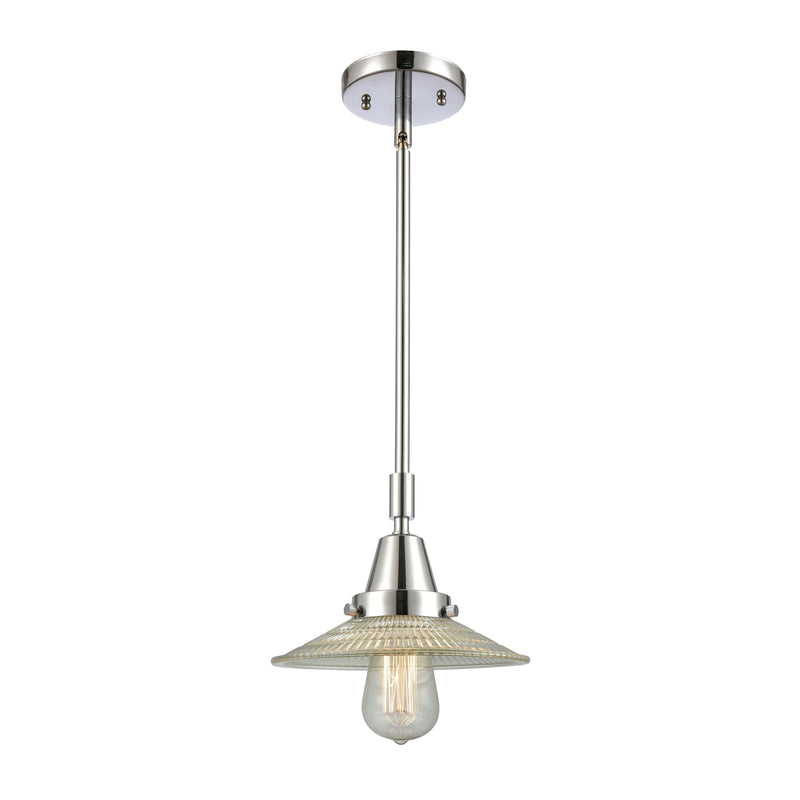 Halophane Mini Pendant shown in the Polished Chrome finish with a Clear Halophane shade