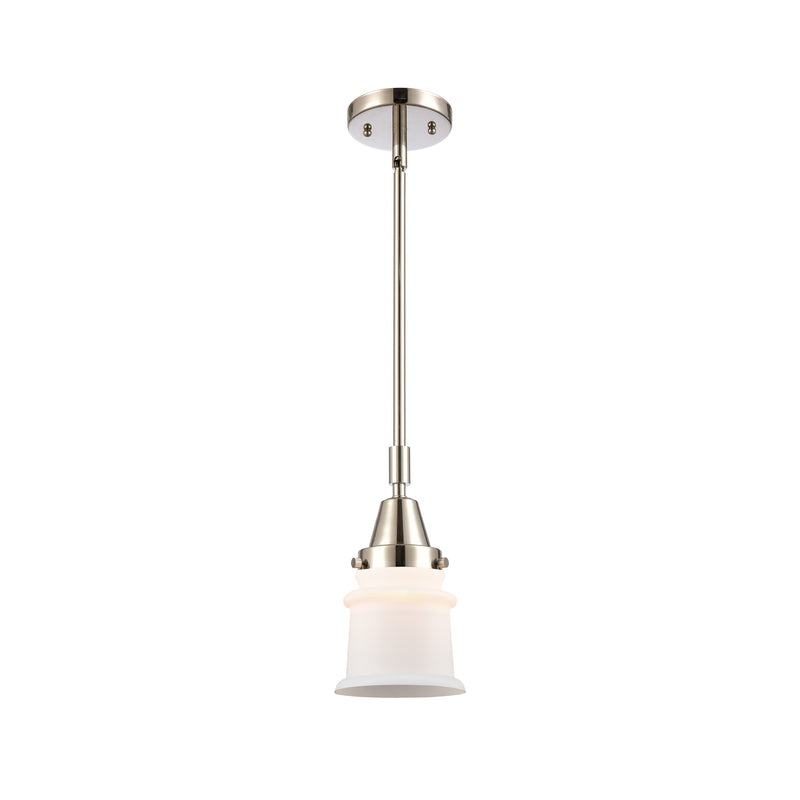 Canton Mini Pendant shown in the Polished Nickel finish with a Matte White shade