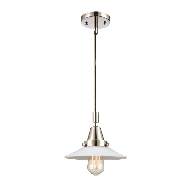 Halophane Mini Pendant shown in the Polished Nickel finish with a Matte White Halophane shade