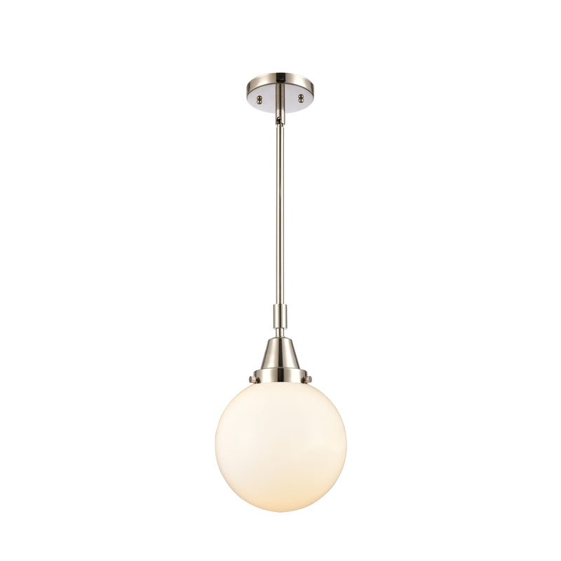 Beacon Mini Pendant shown in the Polished Nickel finish with a Matte White shade