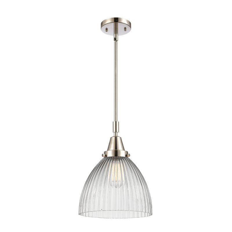 Seneca Falls Mini Pendant shown in the Polished Nickel finish with a Clear Halophane shade