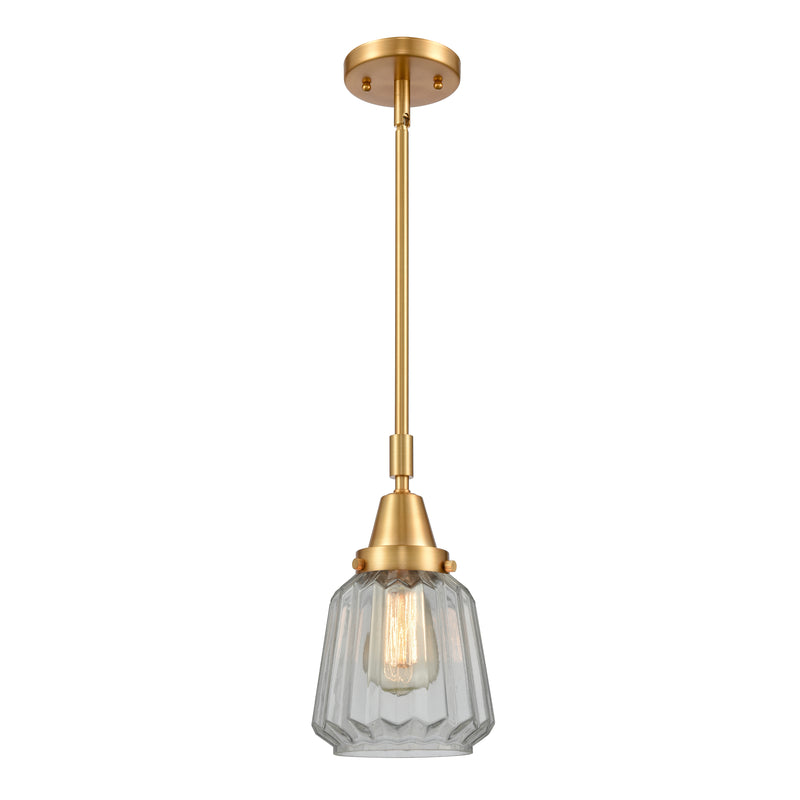 Chatham Mini Pendant shown in the Satin Gold finish with a Clear shade