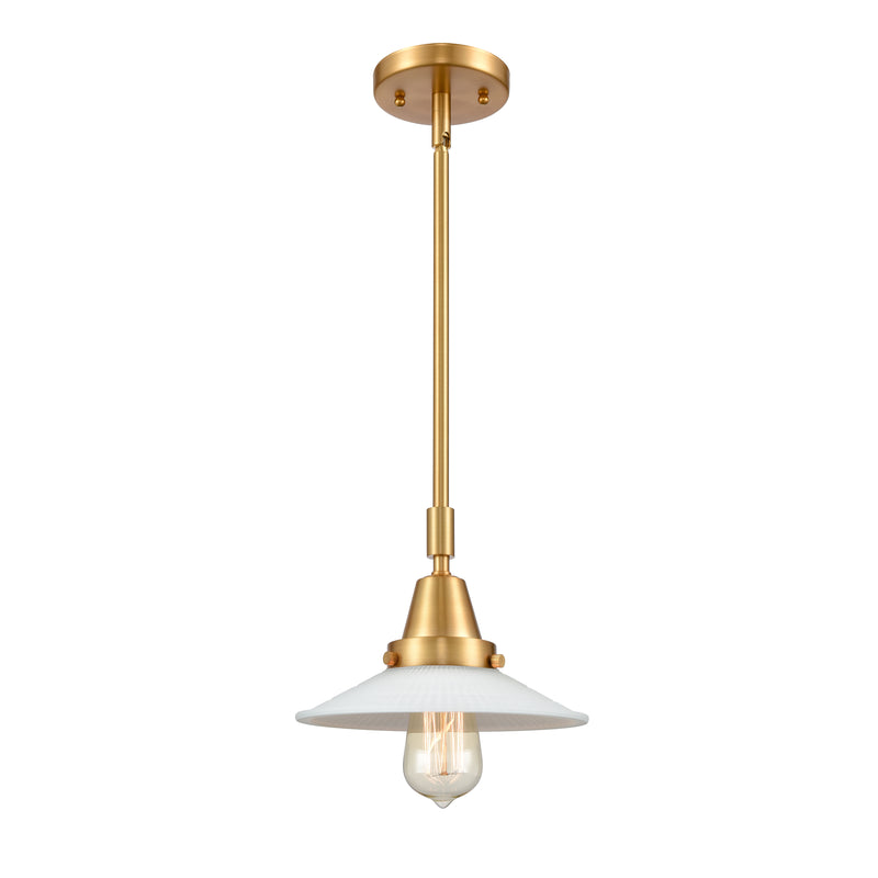 Halophane Mini Pendant shown in the Satin Gold finish with a Matte White Halophane shade