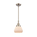 Fulton Mini Pendant shown in the Brushed Satin Nickel finish with a Matte White shade