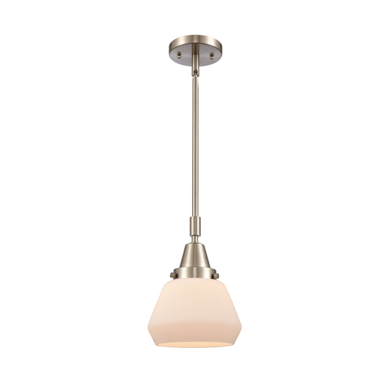 Fulton Mini Pendant shown in the Brushed Satin Nickel finish with a Matte White shade