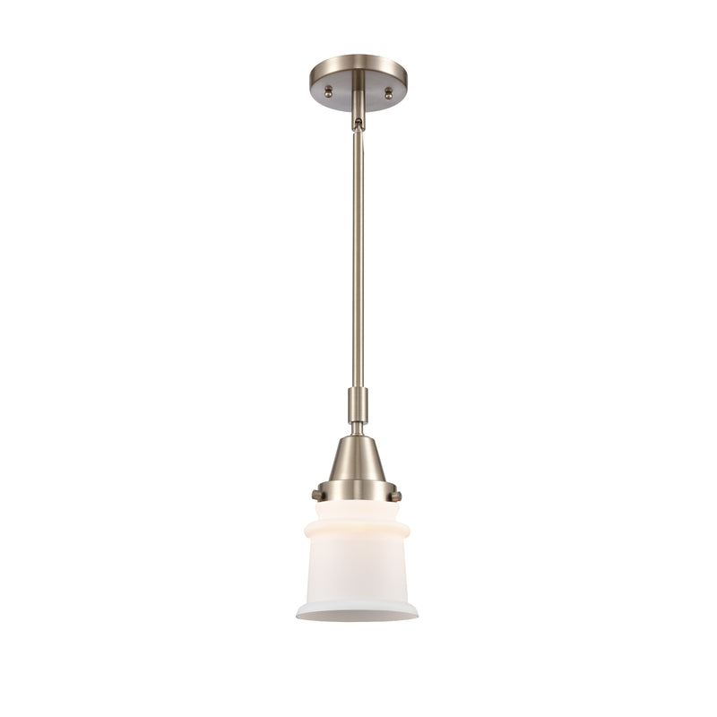 Canton Mini Pendant shown in the Brushed Satin Nickel finish with a Matte White shade