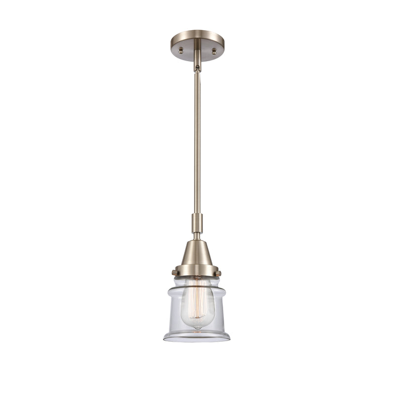 Canton Mini Pendant shown in the Brushed Satin Nickel finish with a Clear shade