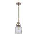 Canton Mini Pendant shown in the Brushed Satin Nickel finish with a Clear shade