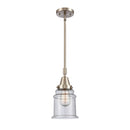 Canton Mini Pendant shown in the Brushed Satin Nickel finish with a Seedy shade