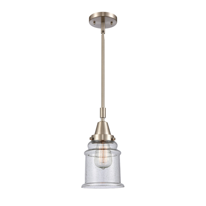 Canton Mini Pendant shown in the Brushed Satin Nickel finish with a Seedy shade