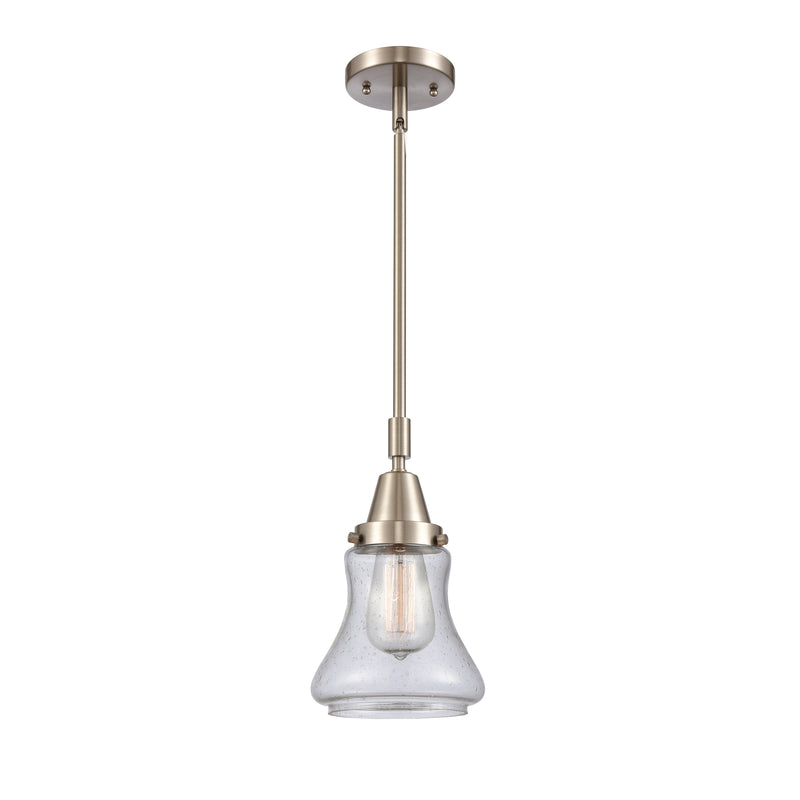 Bellmont Mini Pendant shown in the Brushed Satin Nickel finish with a Seedy shade