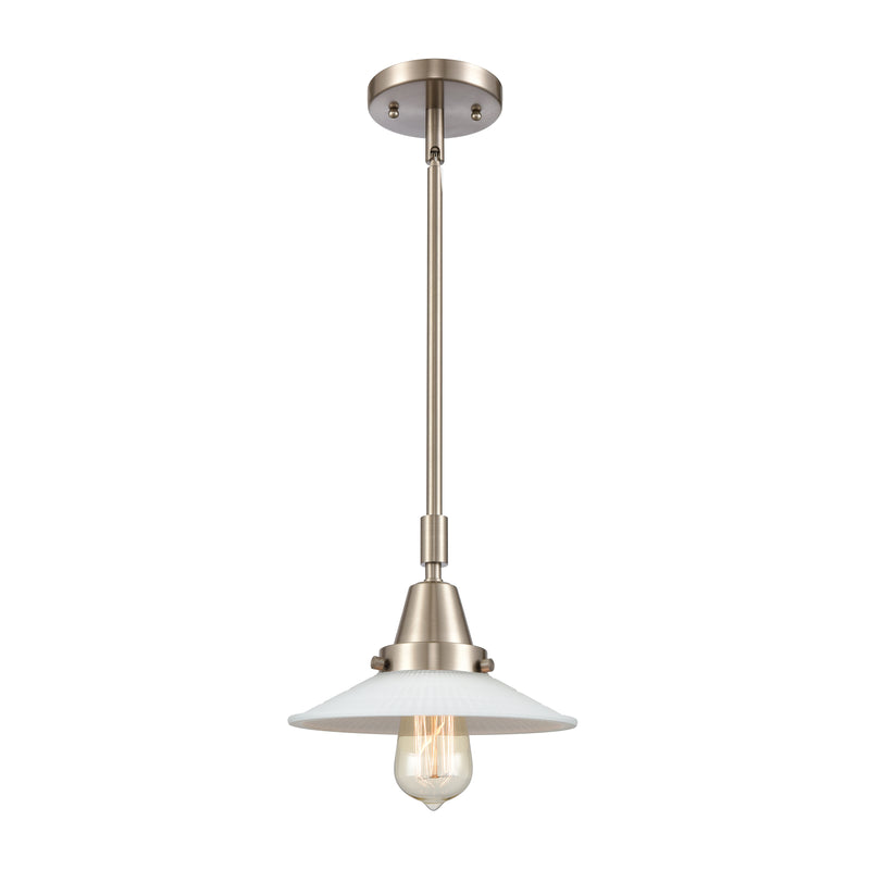 Halophane Mini Pendant shown in the Brushed Satin Nickel finish with a Matte White Halophane shade