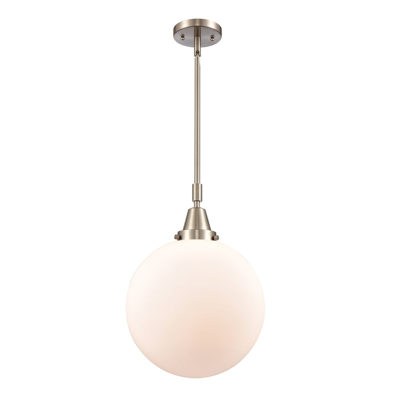 Beacon Mini Pendant shown in the Brushed Satin Nickel finish with a Matte White shade