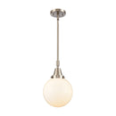 Beacon Mini Pendant shown in the Brushed Satin Nickel finish with a Matte White shade