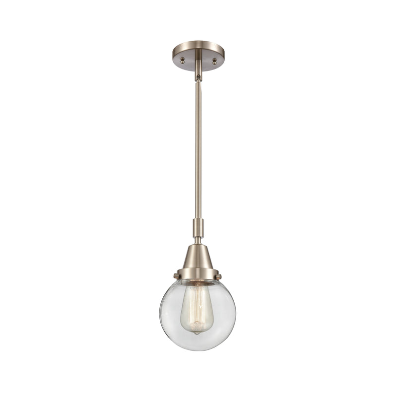 Beacon Mini Pendant shown in the Brushed Satin Nickel finish with a Clear shade