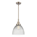 Seneca Falls Mini Pendant shown in the Brushed Satin Nickel finish with a Clear Halophane shade