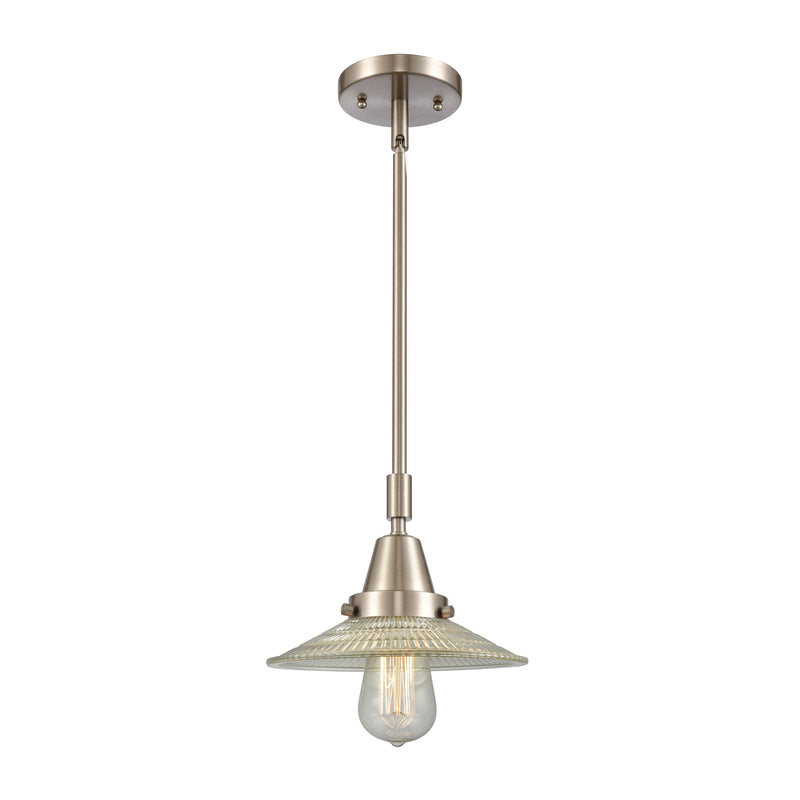 Halophane Mini Pendant shown in the Brushed Satin Nickel finish with a Clear Halophane shade