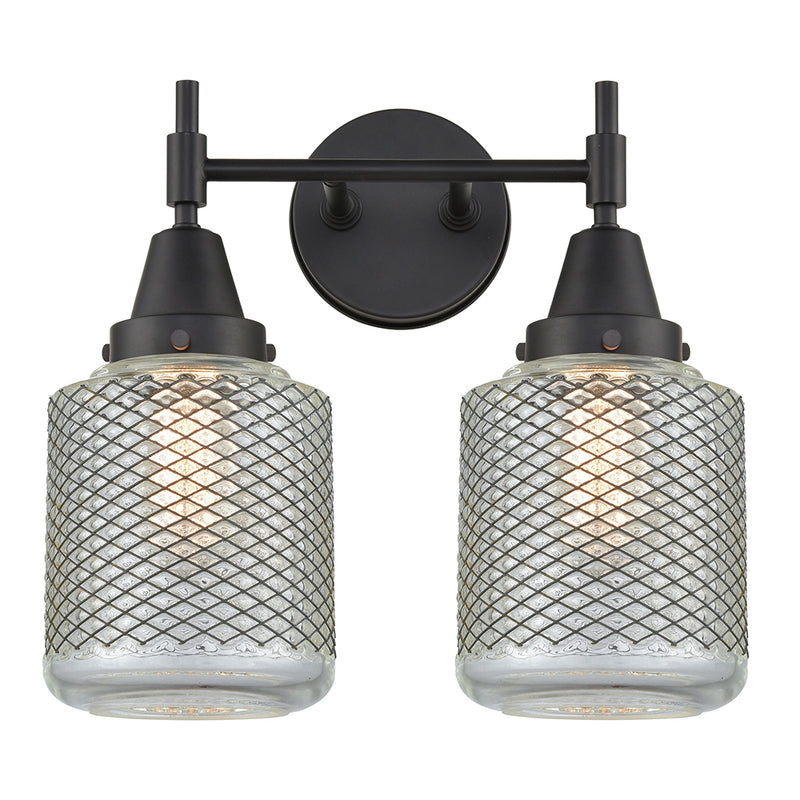 Caden Bath Vanity Light shown in the Matte Black finish with a Clear Wire Mesh shade