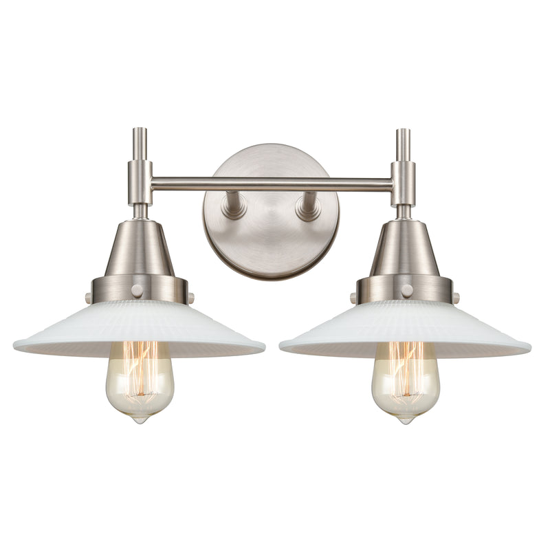 Caden Bath Vanity Light shown in the Satin Nickel finish with a Matte White Halophane shade