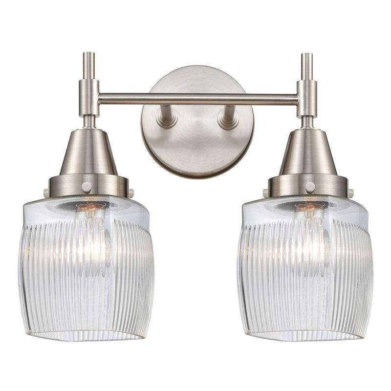 Caden Bath Vanity Light shown in the Satin Nickel finish with a Clear Halophane shade