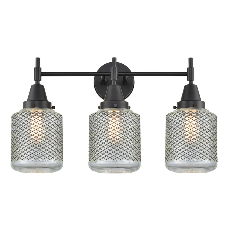 Caden Bath Vanity Light shown in the Matte Black finish with a Clear Wire Mesh shade