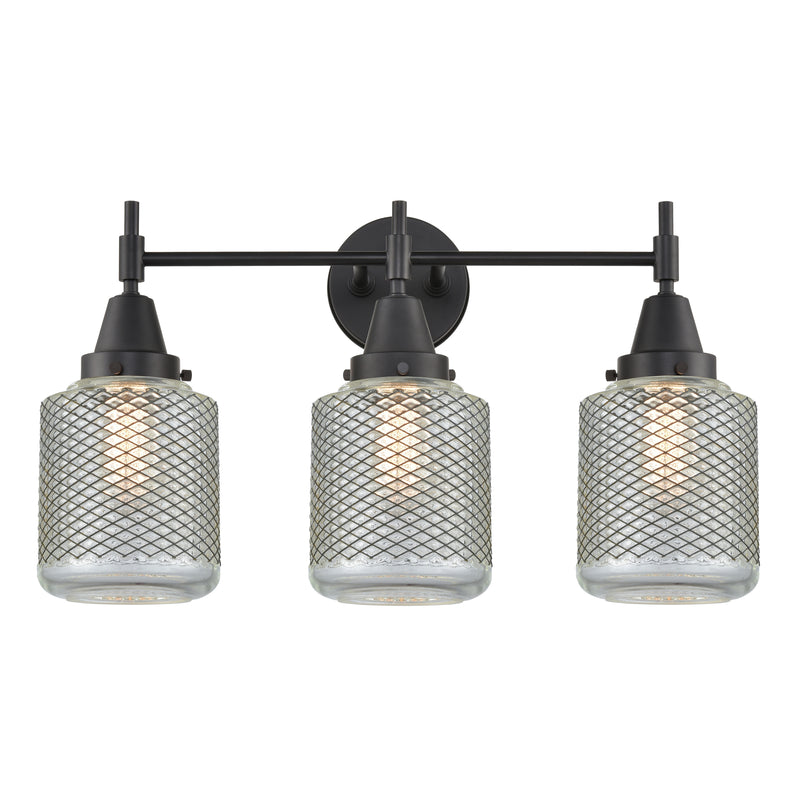 Caden Bath Vanity Light shown in the Matte Black finish with a Clear Wire Mesh shade