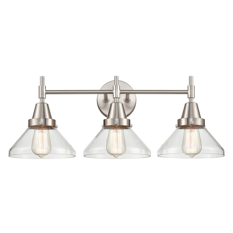 Caden Bath Vanity Light shown in the Satin Nickel finish with a Clear shade