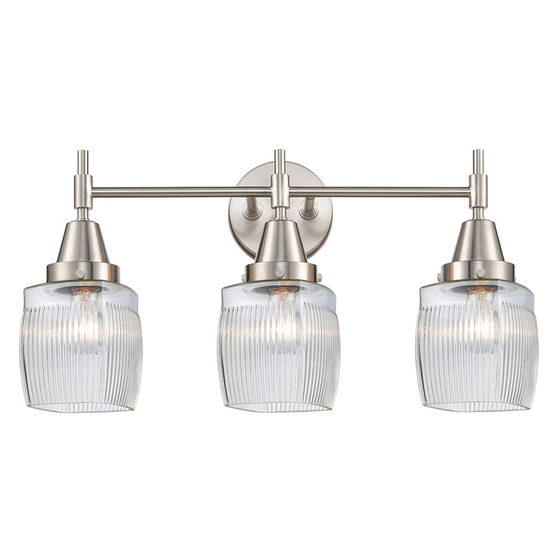 Caden Bath Vanity Light shown in the Satin Nickel finish with a Clear Halophane shade