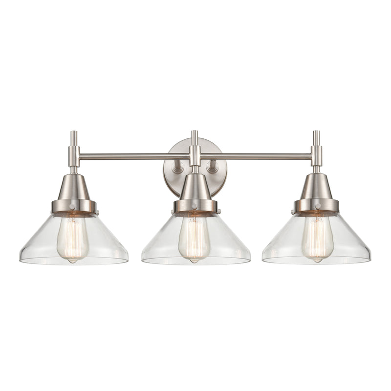 Caden Bath Vanity Light shown in the Satin Nickel finish with a Clear shade